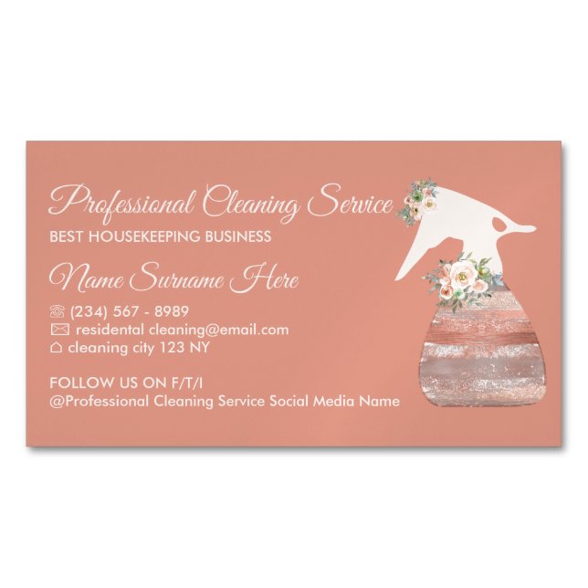 Terracotta Maid Spray Flower Cleaning Magnetic Business Card (Front)