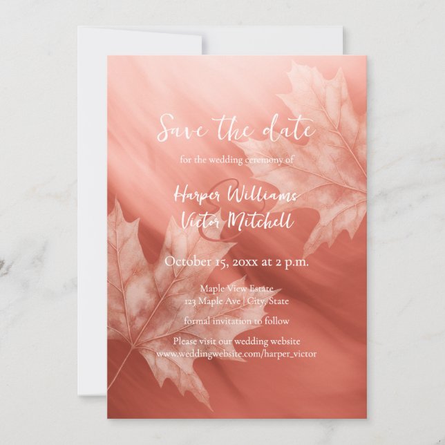 terracotta maple leaves fall wedding save the date (Front)