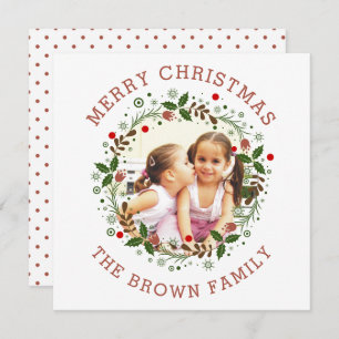 Terracotta Merry Christmas, floral wreath photo Holiday Card