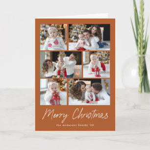 Terracotta Merry Christmas Script 6 Photo Collage Holiday Card