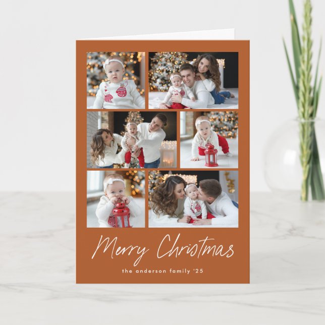 Terracotta Merry Christmas Script 6 Photo Collage Holiday Card (Front)