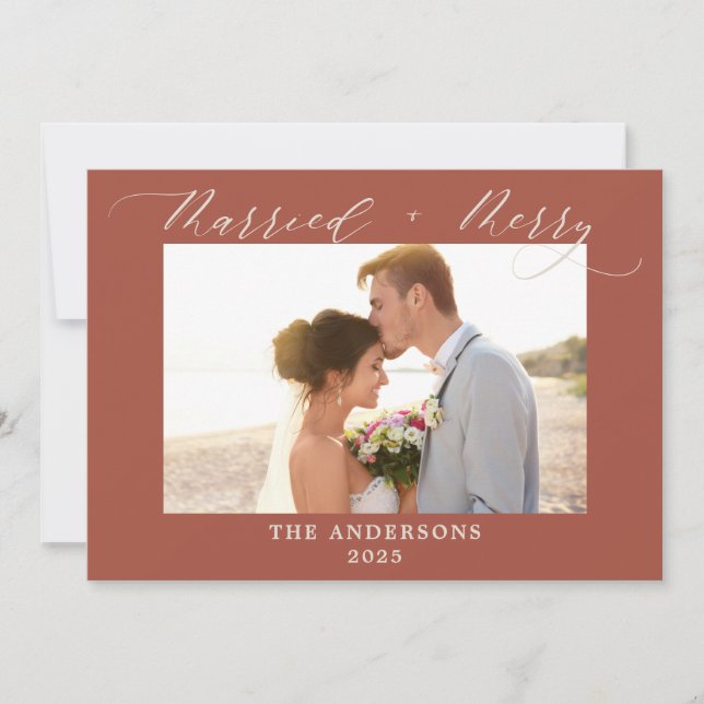Terracotta Merry Married Script Photo Christmas  Thank You Card (Front)