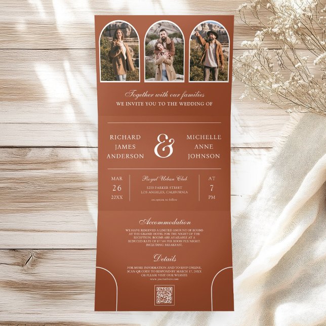 Terracotta Minimal Arch Photo QR code Wedding Tri-Fold Invitation (Creator Uploaded)