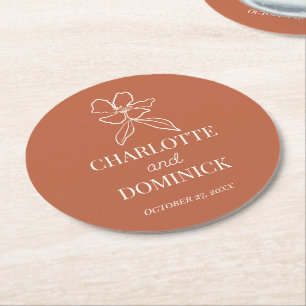 Terracotta Minimal Floral Wedding Decor/Favours Round Paper Coaster