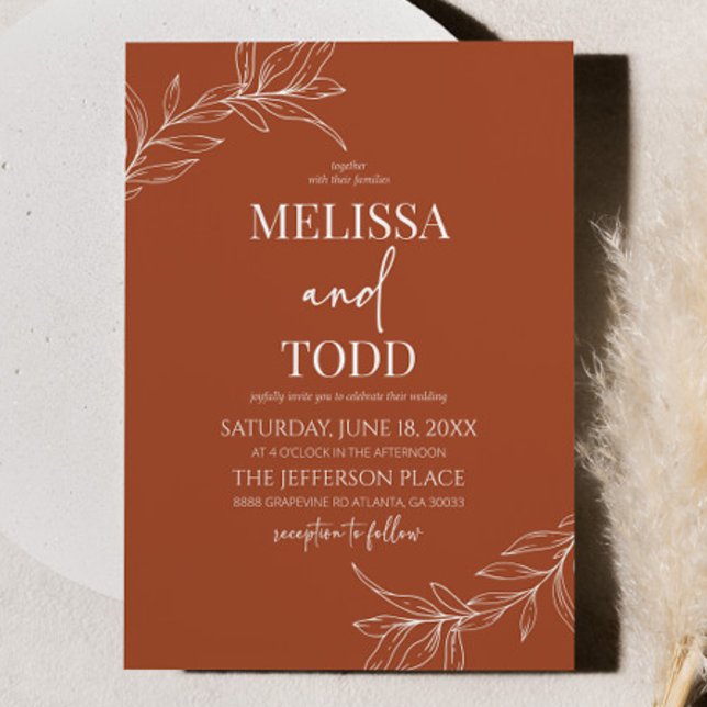 Terracotta Minimal Minimalist Branch Leaf Wedding Invitation (Creator Uploaded)
