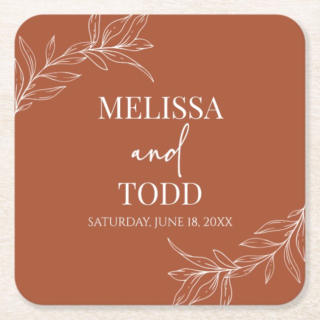 Terracotta Minimal Minimalist Branch Leaf Wedding Square Paper Coaster (Front)
