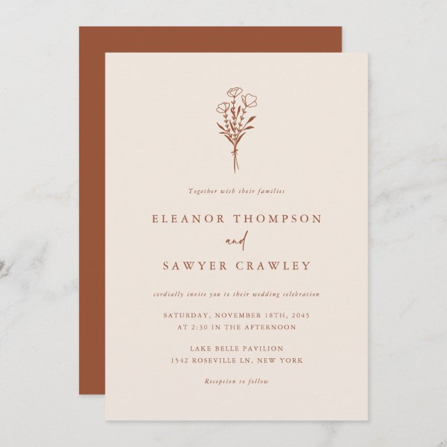 Terracotta Minimalist Bouquet QR Code Wedding Invitation (Front/Back)