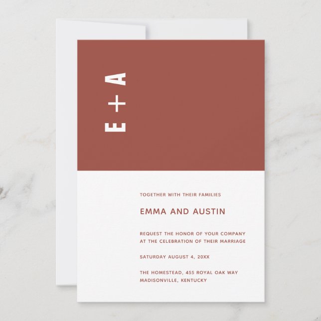 Terracotta Minimalist Colour Block Initials Weddin Invitation (Front)