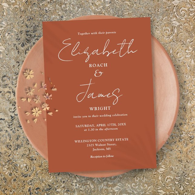 Terracotta Minimalist Elegant Script Wedding Invitation (Terracotta Minimalist Elegant Script Wedding Invitation)