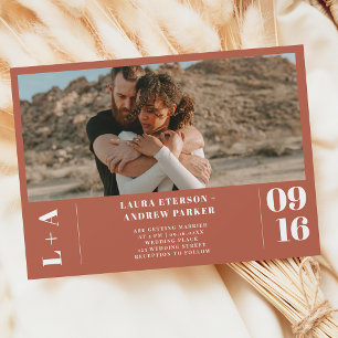 Terracotta minimalist initials 1 photo wedding invitation
