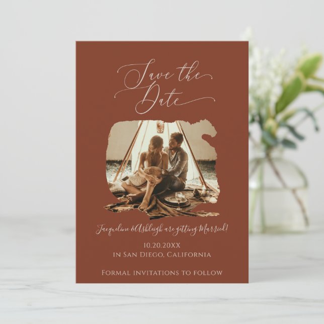 Terracotta Minimalist Modern Brush Stroke Script Save The Date (Standing Front)