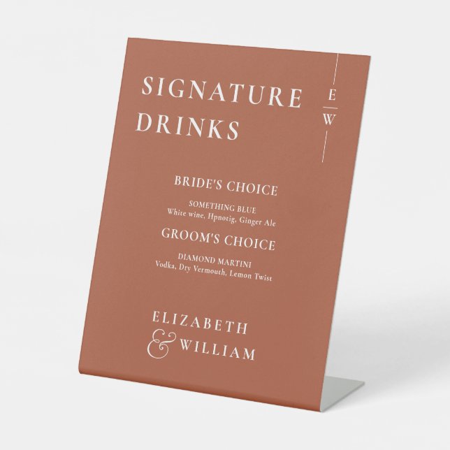 Terracotta Minimalist Monogram Signature Drinks Pedestal Sign (Front)