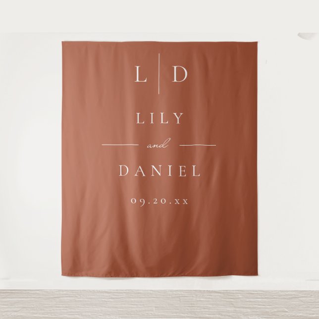 Terracotta Minimalist Monogram Wedding Backdrop Tapestry (Front)