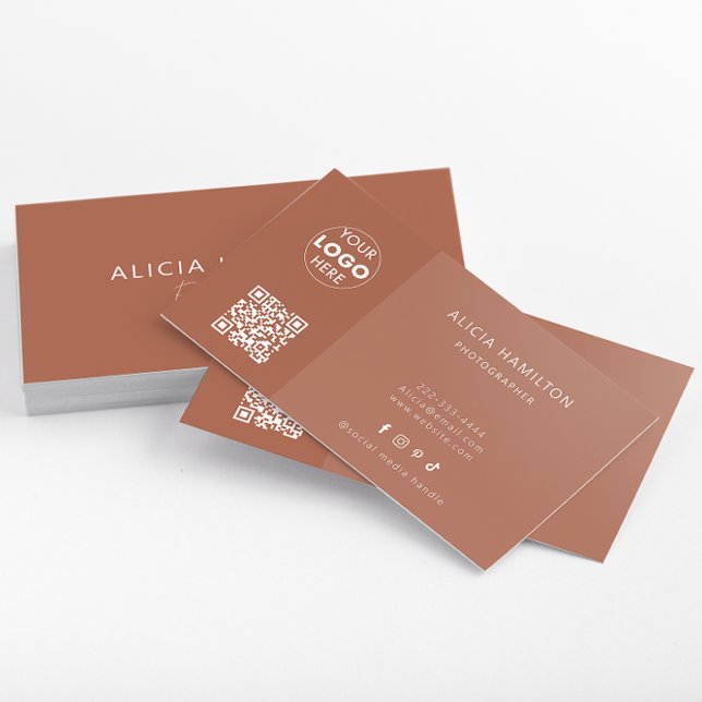 Terracotta | Minimalist | QR Code + Logo | Modern Business Card (A sleek terracotta minimalist business card design which features customisable QR Code & logo.)