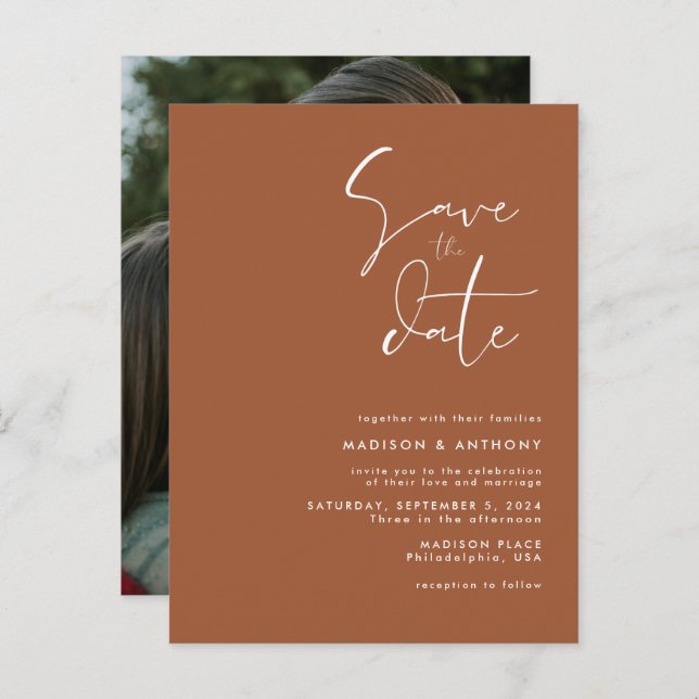 Terracotta Minimalist Save the Date Wedding Photo Invitation Postcard (Front/Back)