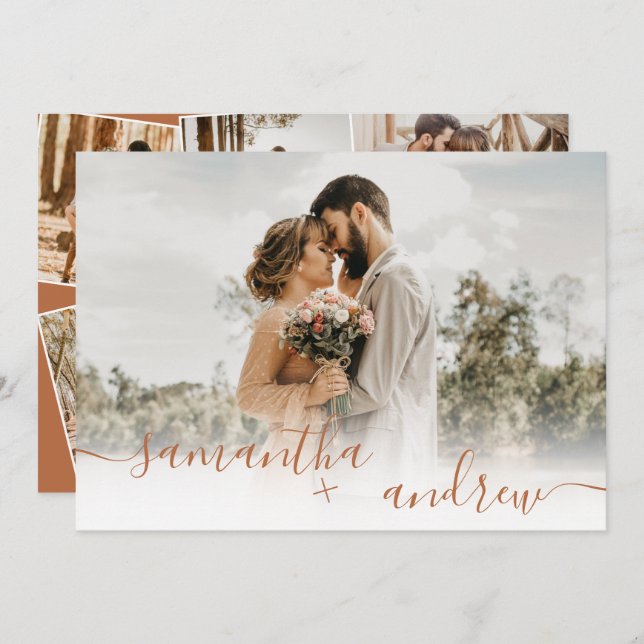 Terracotta minimalist script 5 photos wedding invitation (Front/Back)