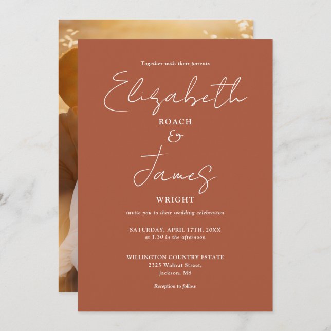Terracotta Minimalist  Script Photo Wedding Invitation (Front/Back)