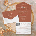 Terracotta Minimalist Script QR Code Wedding All In One Invitation<br><div class="desc">All in one terracotta wedding invitation featuring elegant hearts script typography and monogram initials. The invitation includes a perforated RSVP card with your wedding website QR code and details. Designed by Thisisnotme©</div>