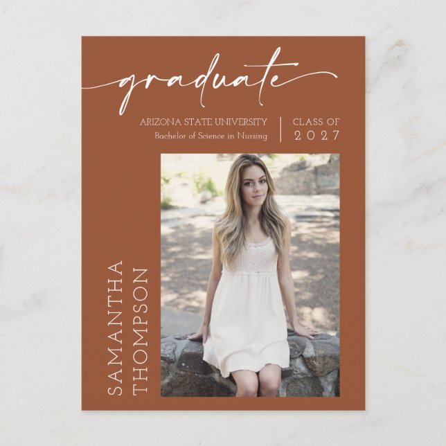 Terracotta Minimalist Script She Did It Photo Grad Postcard (Front)
