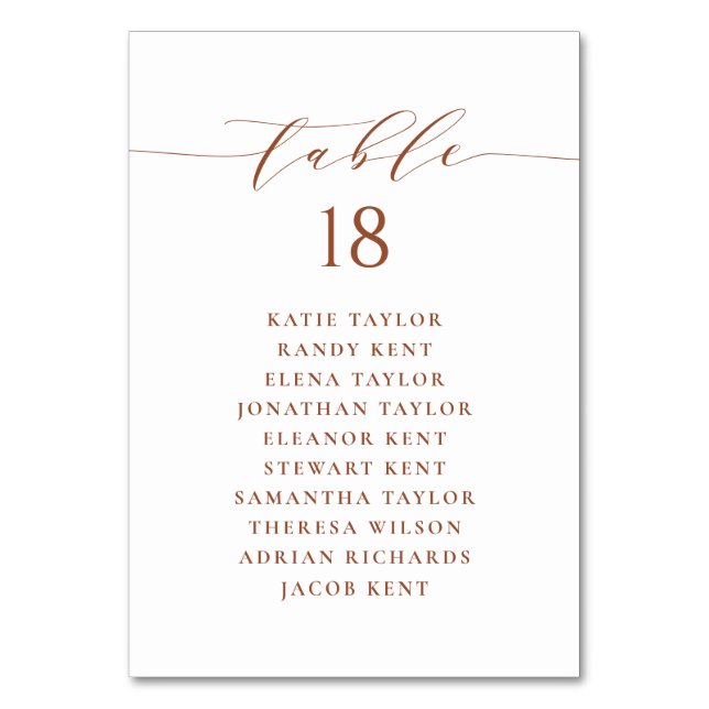 Terracotta Minimalist Script Wedding Seating Plan Table Number (Front)