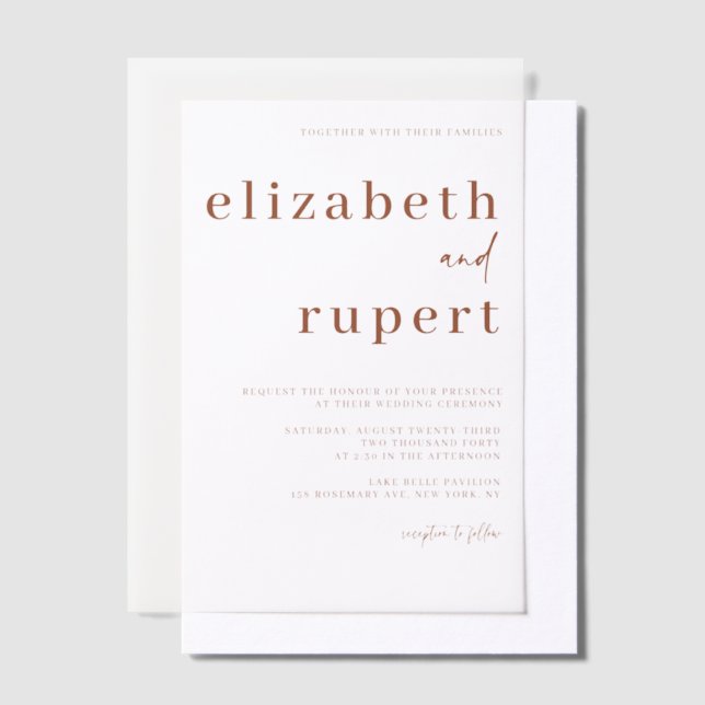 Terracotta Minimalist Serif Typography Wedding Vellum Invitations (Offset)