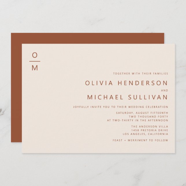 Terracotta Minimalist Typography Monogram Wedding Invitation (Front/Back)