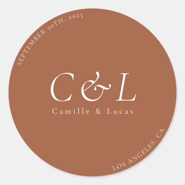 Terracotta Minimalist wedding round sticker (Front)