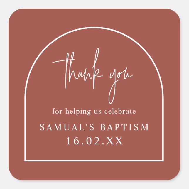 Terracotta Modern Arch Minimal Christening Favour  Square Sticker (Front)