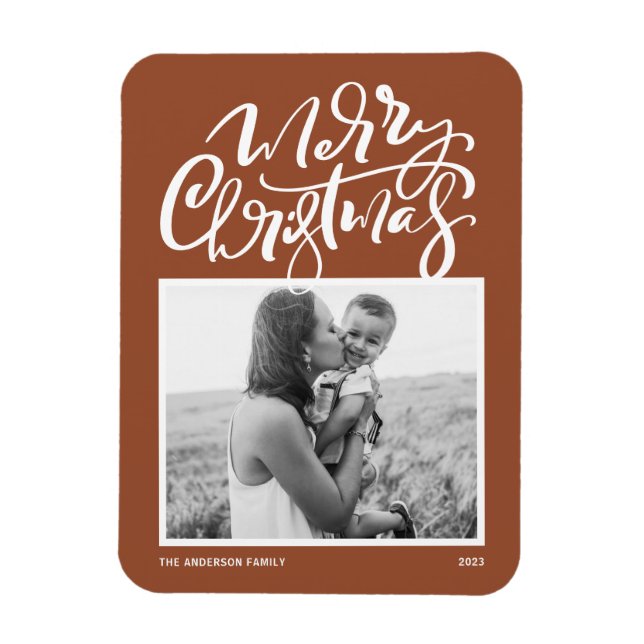 Terracotta Modern Calligraphy Photo Christmas Magnet (Vertical)