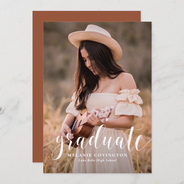 Terracotta Modern Calligraphy Photo Graduation Invitation (Front/Back)