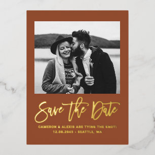 Terracotta Modern Calligraphy Photo Save the Date Foil Invitation Postcard