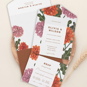 Terracotta modern floral earth tone wedding all in one invitation