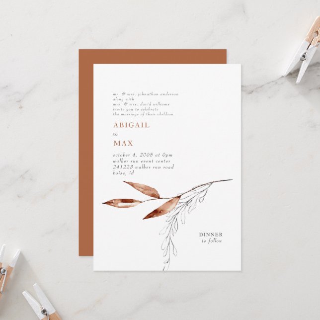 Terracotta Modern Foliage Both Parents Wedding Invitation (Front/Back In Situ)
