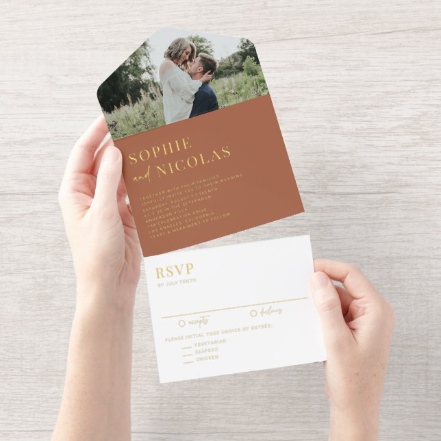 Terracotta Modern Handwritting Photo Wedding All In One Invitation (Tearaway)