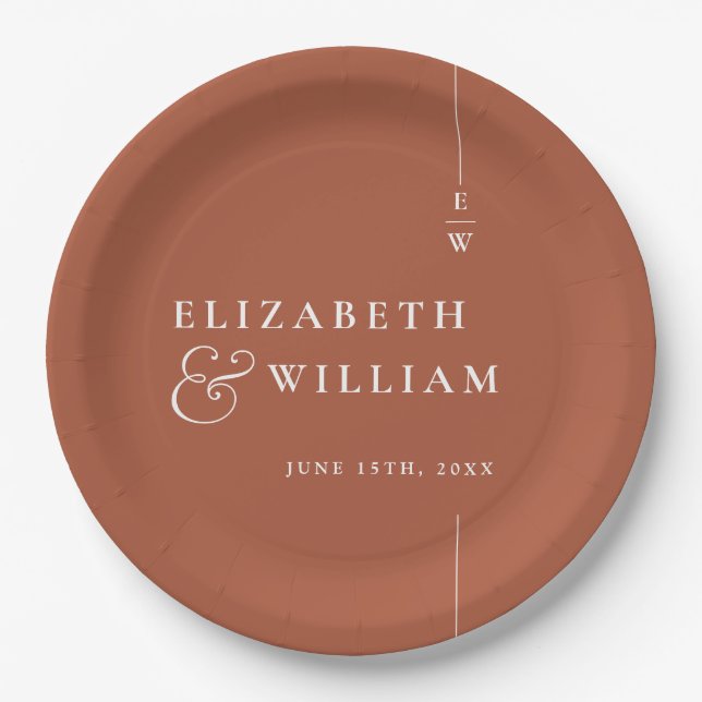 Terracotta Modern Minimalist Monogram Wedding Paper Plate (Front)