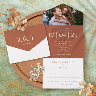 Terracotta Modern Monogram Photo Wedding Date All In One Invitation