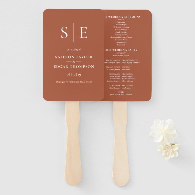 Terracotta Modern Monogram Wedding Program Hand Fan (Front and Back)