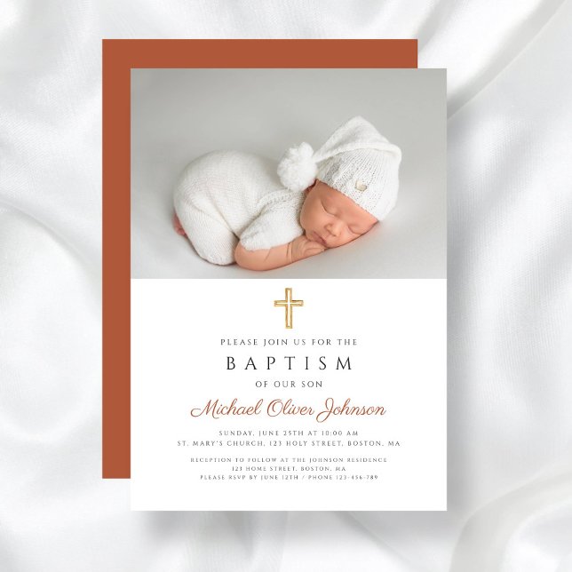 Terracotta Modern Religious Cross Photo Baptism Invitation (Terracotta Modern Religious Cross Photo Baptism Invitation)