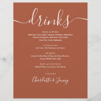 Terracotta Modern Script Wedding Drinks Menu