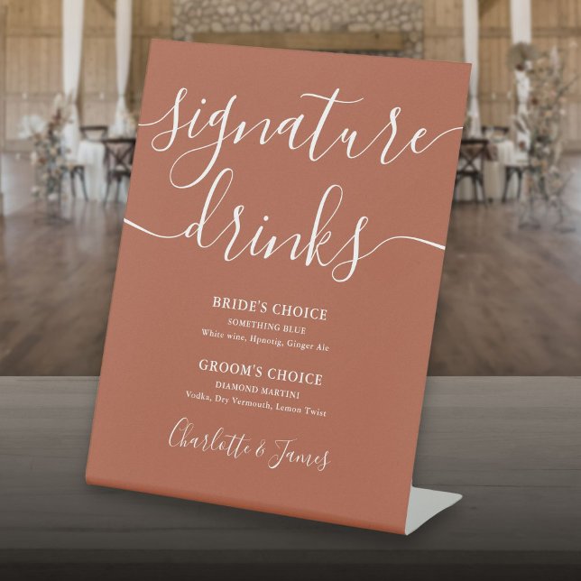 Terracotta Modern Script Wedding Signature Drinks Pedestal Sign (Terracotta Modern Script Wedding Signature Drinks Pedestal Sign)