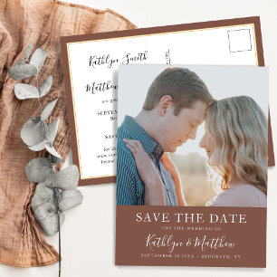 Terracotta Modern Typography Simple Photo Wedding  Announcement Postcard