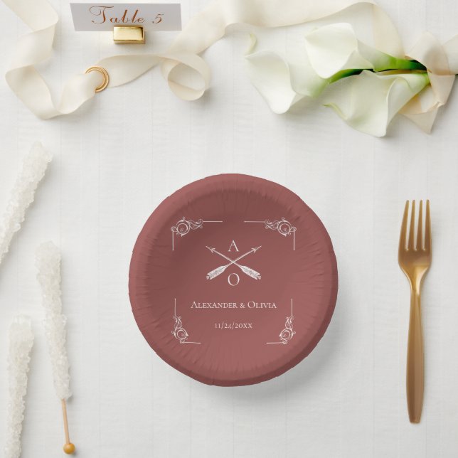 Terracotta Monogram and Arrows Wedding Paper Plate (Wedding)