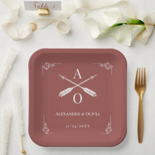 Terracotta Monogram and Arrows Wedding Paper Plate