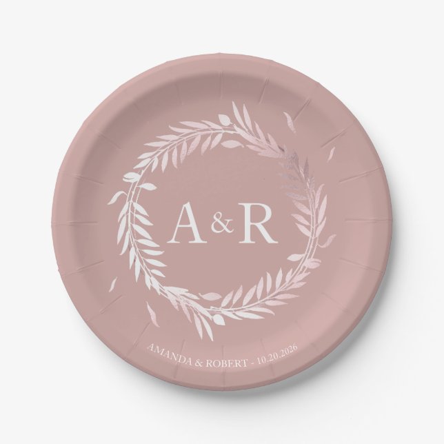Terracotta Monogram Faux Foil Wedding Paper Plates (Front)