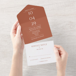 Terracotta Monogram Minimalist Wedding Date All In One Invitation