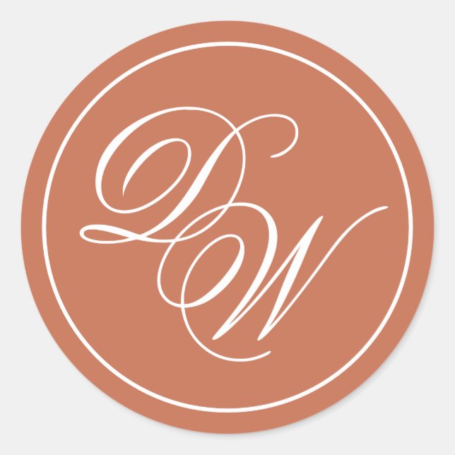 Terracotta Monogram Simple Brown White Script Classic Round Sticker (Front)