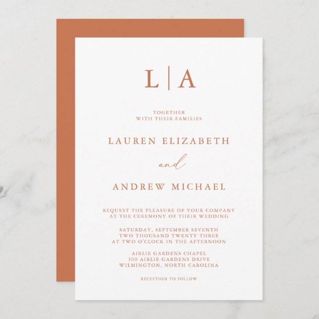 Terracotta Monogram Simple Minimalist Wedding Invitation (Front/Back)