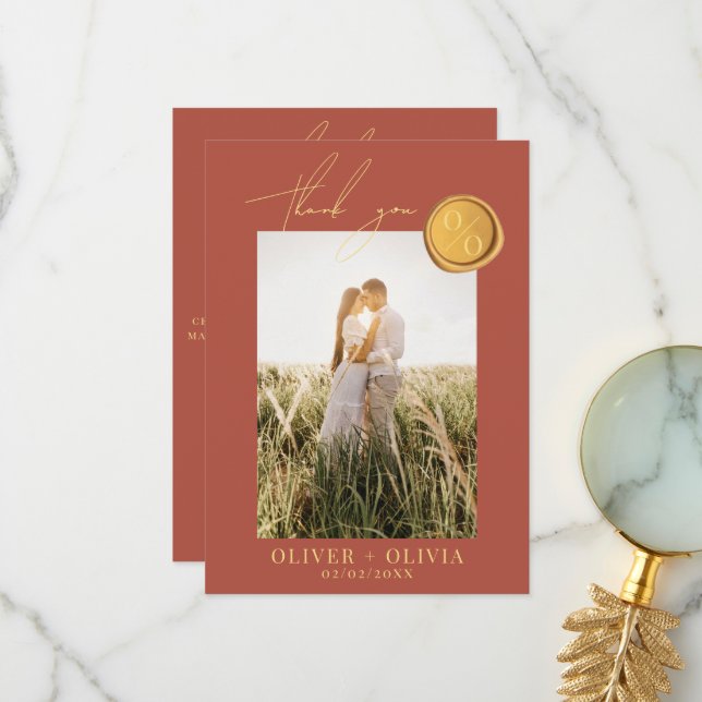 Terracotta monogram wax seal photo wedding thank you card (Front/Back In Situ)