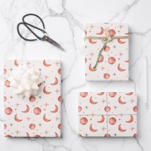 Terracotta Moon and Stars Wrapping Paper Sheets (Front)