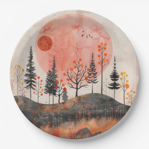 Terracotta Moon Copper Autumn Folk Forest Art Paper Plate